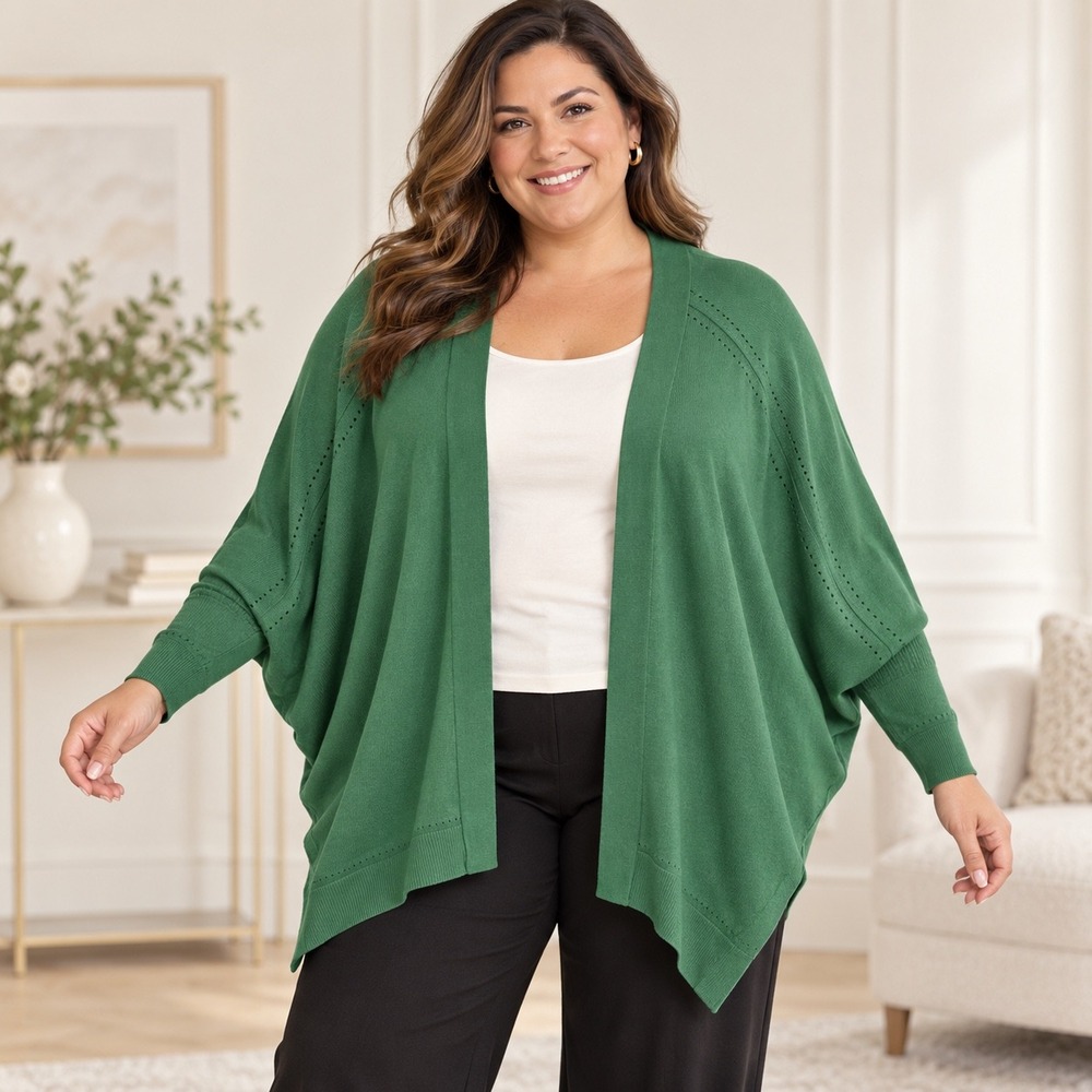 Lane Bryant Green Batwing Open Front Cardigan Pointelle Knit Sweater 26/28 NEW